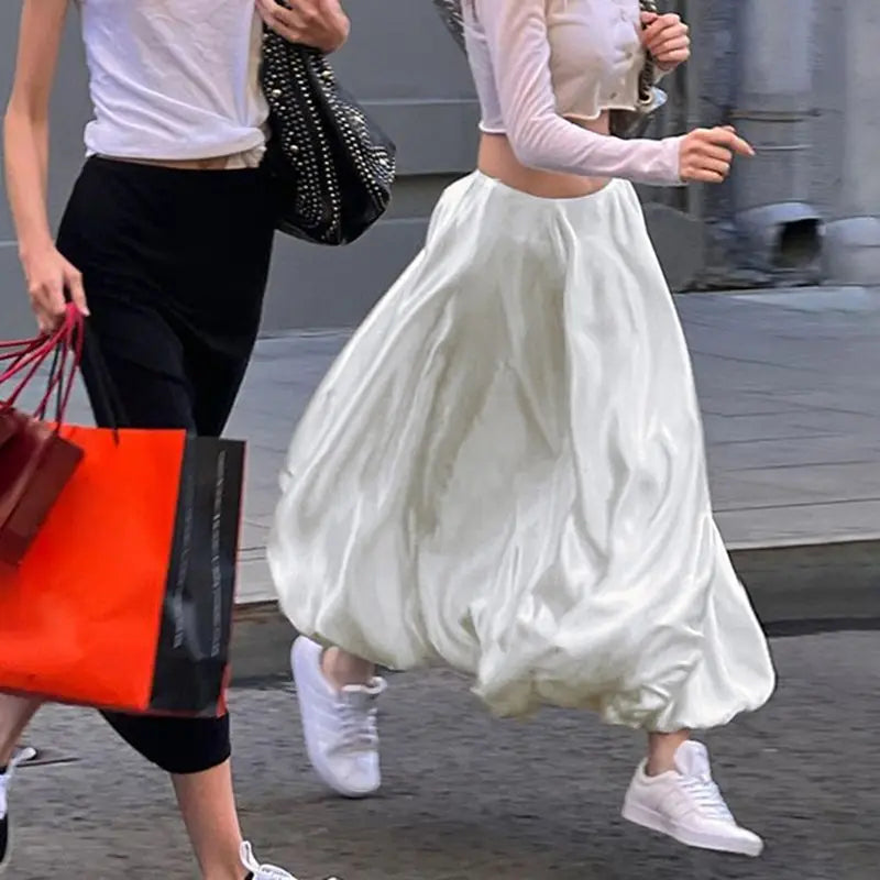 MQTIME - Vintage High Waist Satin Silhouette Outline Flower Bud A-line White Skirt Spring Loose Casual Fluffy Long Skirts for Women