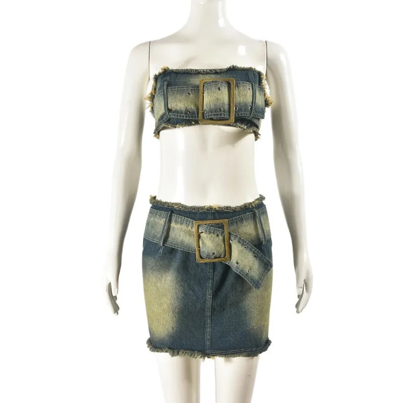 nvxiot - Women Sexy Denim Tassel 2 Piece Set Grommet Buckle Belt Strapless Crop Tops + Mini Skirts High Stretch Streetwear Jeans Suits
