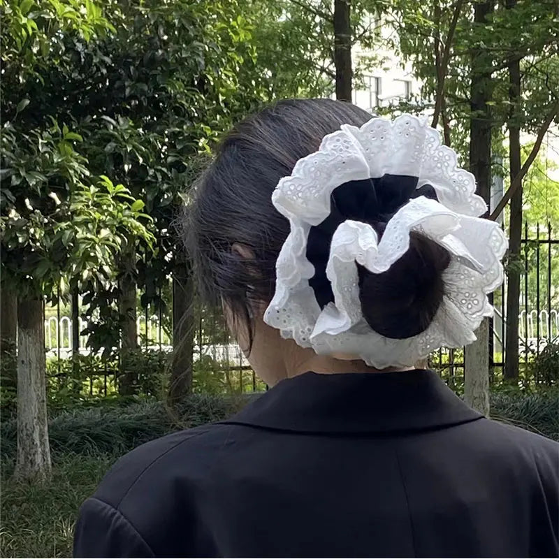 nvxiot - Retro Korean Flower Lace Scrunchies Four Layer Women Girls Exquisite Elastics Plaid Large Intestine Hair Holder Sweet INS Access