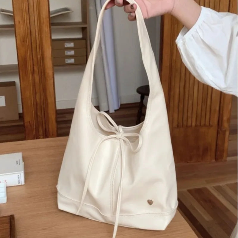 nvxiot - White Elegant Shoulder Bag for Women Korean Style Fashion Solid Color Tote Bag Pu Leather Casual Designer Ladies Handbag