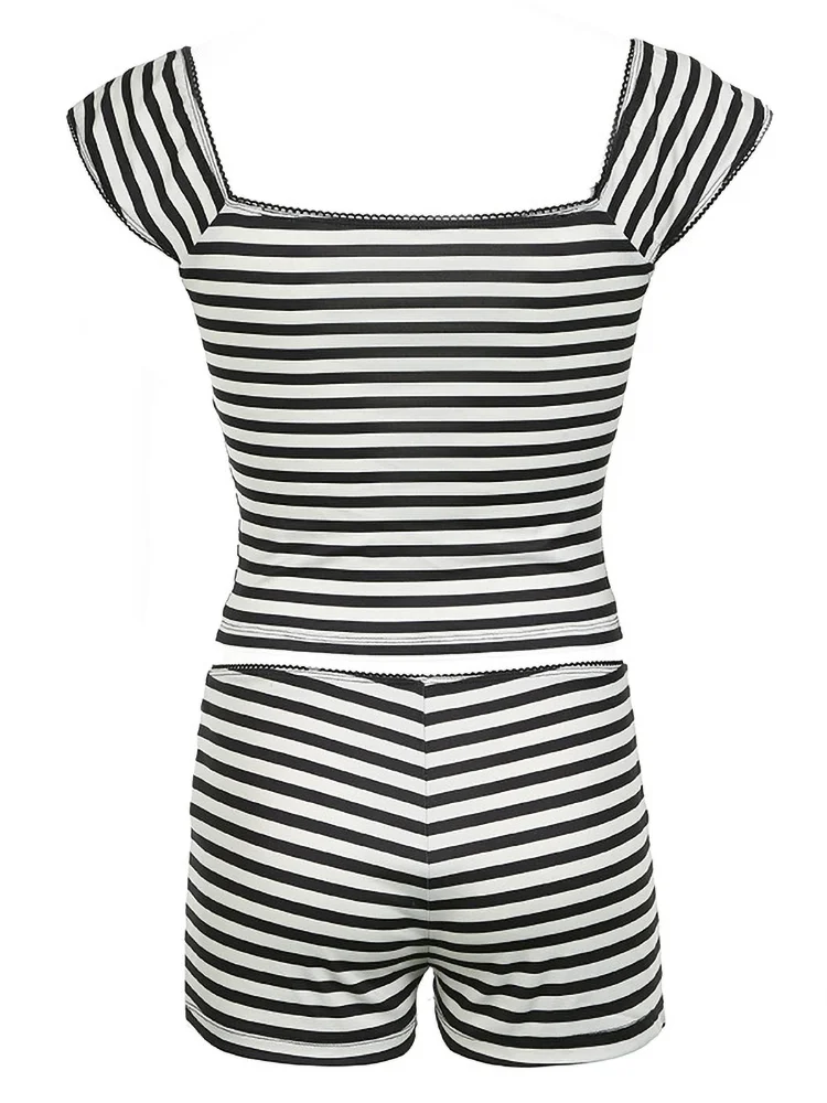 MQTIME - Stripe Contrasting Shorts Sets For Women 2 Pieces Square Neck Spliced Bow Tank Top Casual Y2K Slim Outfit Streetwear