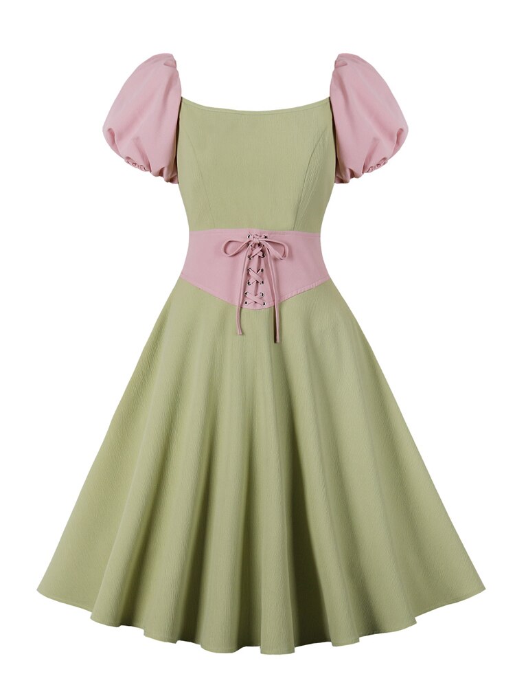 nvxiot New Harajuku Vintage Pink Blue Patchwork Puff Sleeve A-Line Dress Fashion Women Lace-Up Waist Party Night Elegant Dresses