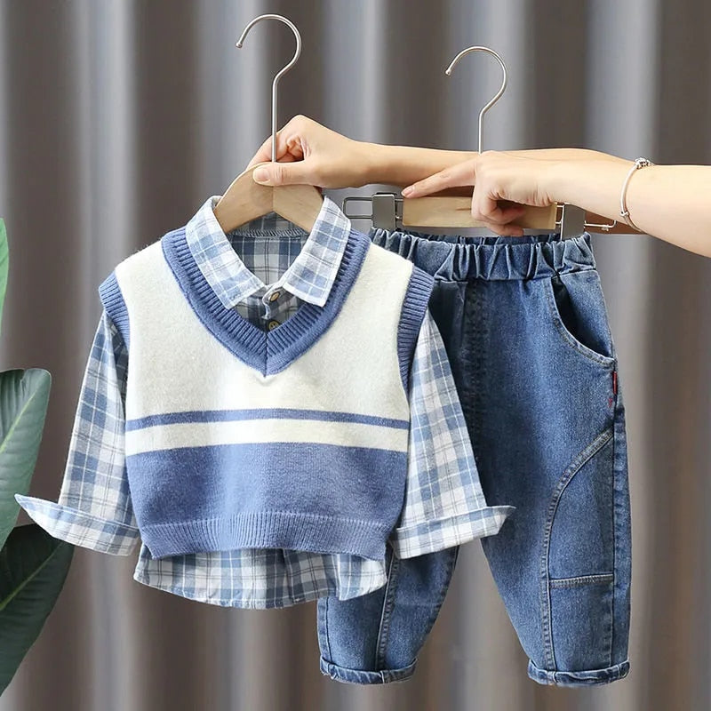 nvxiot Baby Spring Plaid Set New Boy Korean Vest Sweater + Shirt + Jeans Three-piece Sets Baby Toddler Handsome Fall Clothes Suit