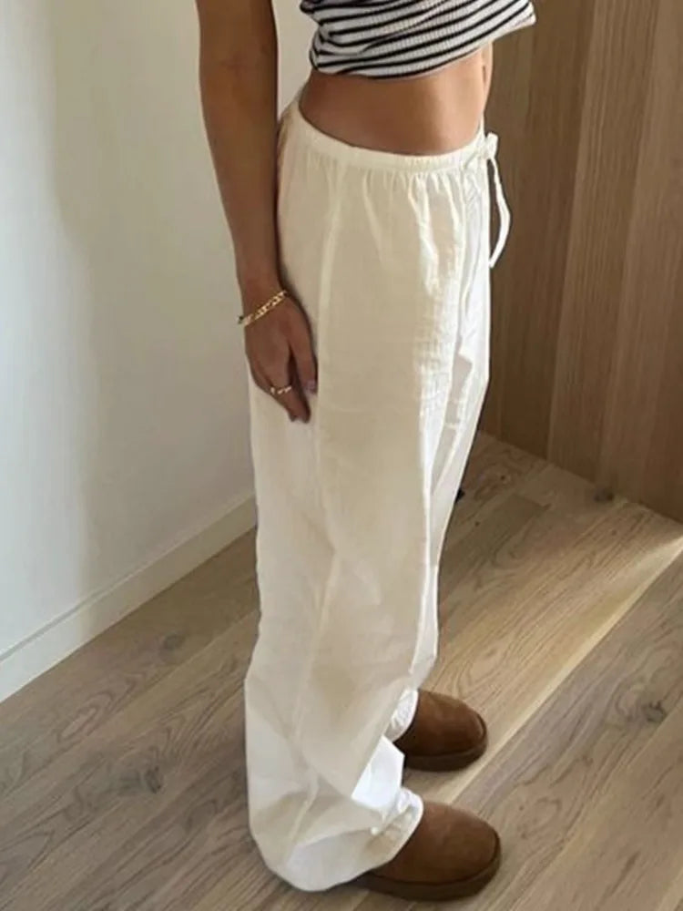 MQTIME - Casual Basic White Pants Women Baggy Low Waist Straight Trousers Solid Color Thin Wide Leg Pantalones Ladies Summer