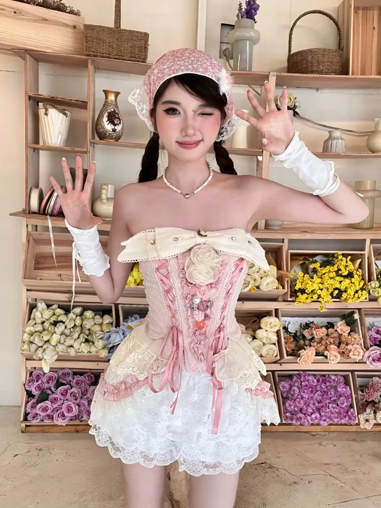 MQTIME - Bow Slash Neck Lace Up Pink Corset Crop Tops White Lace Patchwork Ruffled High Waist Shorts 2 Piece Sets Womens Outifits