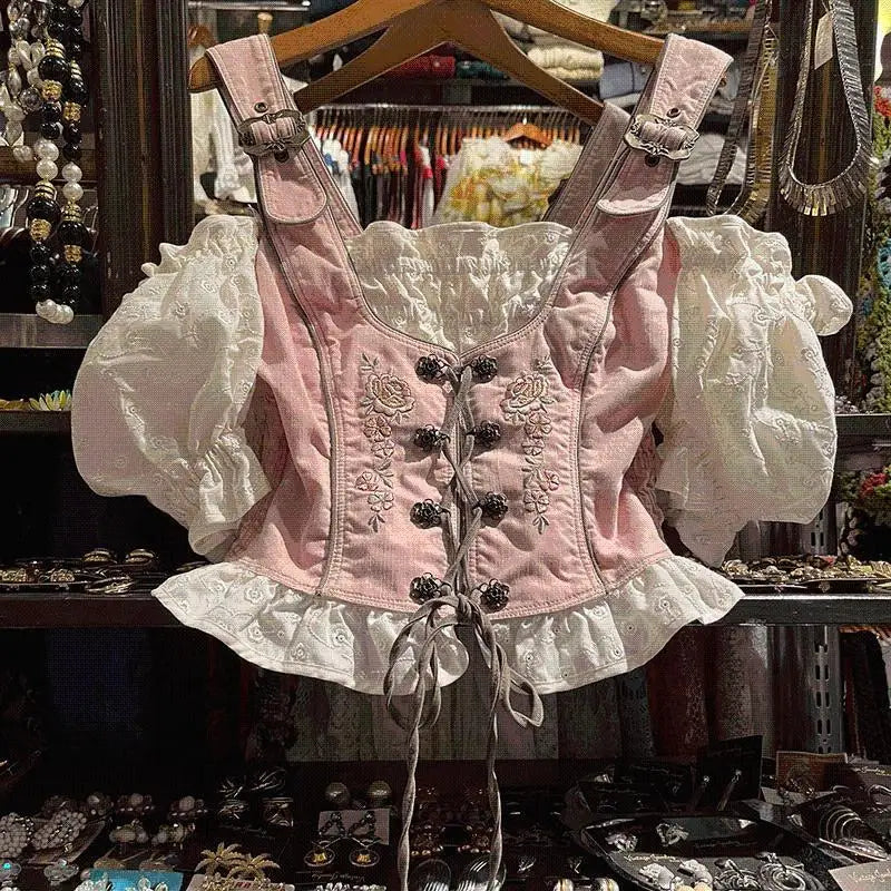 nvxiot - Summer Fake Two Pieces Shirts Puff Sleeved Lace-up Design Crop Tops Female Y2k Blouses Vintage Fashion Camisas Y Blusas