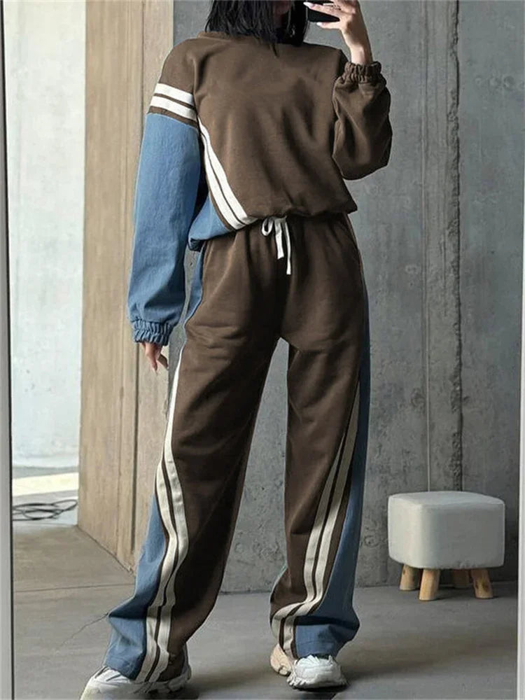 nvxiot - Fall Outfits 2024 Ladies 2 Piece-Set Drawstring Trousers Contrast Lace-Up Autumn 2024 Pullover And High Waist Women Pants Outfits Tracksuit