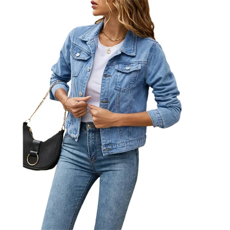 MQTIME - 2024 New Women Short Denim Jackets Fashion Female Casual Long Sleeve Lapel Solid Button Pocket Slim Jean Jacket Fall Winter Coat