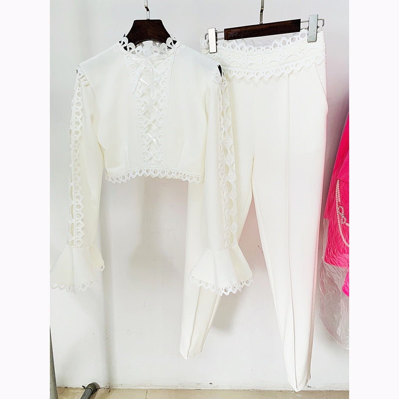nvxiot Newest Designer Suit Set Women's Flare Sleeve Hollow Out Lace Trimmed Tops Blouse Pencil Pants Set