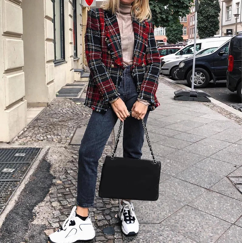 MQTIME - New Red Plaid Jacket 2024 Women Spring-Autumn Retro Tweed Suits Jackets Office Ladies Vintage Chic Slim Coats Girls Tops Coat