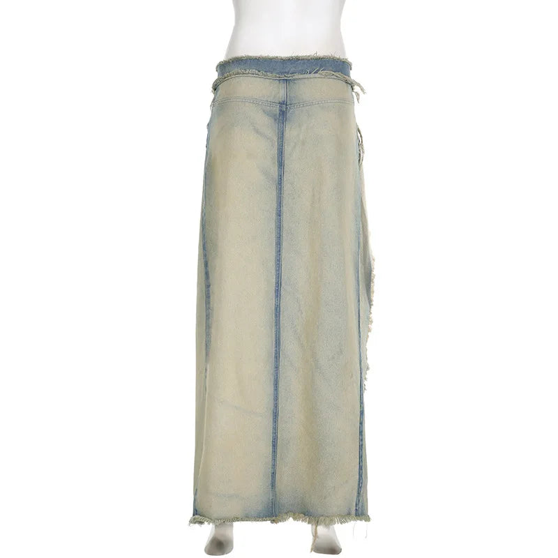 nvxiot - Women Washed Distressed Brushed Denim Maxi Skirts Tassel High Waist Button High Split Designer Casual Jeans Skirt Streetwear