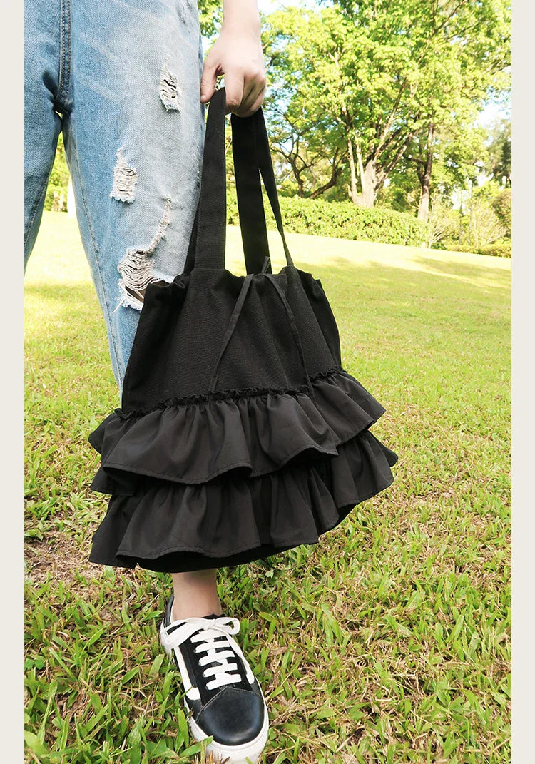 MQTIME - Ruffle White Y2k Handbag Women New Fairycore Drawstring Canvas Casual Shoulder Bag Ladies Harajuku Aesthetic Handbags