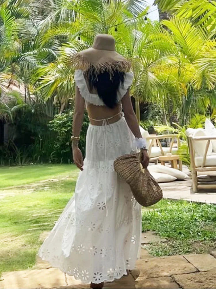 nvxiot - Square Collar White Lace Summer Tank Dress Women Sexy Backless Maxi Long Sundress Holiday Beach Cotton Slip Vestidos Party 2024