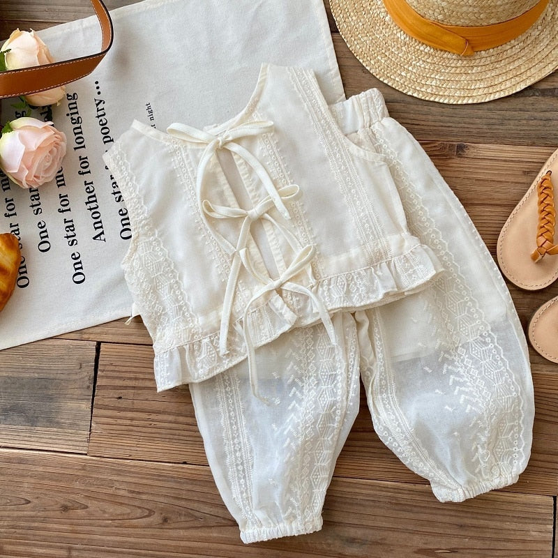 nvxiot Girls Summer Korean Clothing Sets Casual Sleeveless Hollow Lace T-shirt+Pants 2pcs Suit 0-6Y Strap Cardigan Vest Clothes Outfits