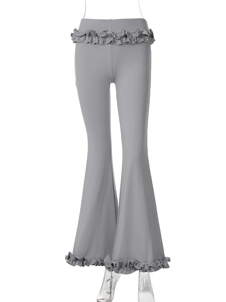 nvxiot - Women Ruffles Slim Flare Pants Elastic Waist Fashion All Match Boot Cut Trousers Summer Casual Streetwear Bottoms