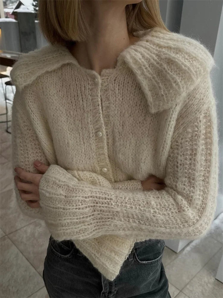 nvxiot - Women's Autumn Sweater Cardigan Casual Long Sleeve Pleated High Waist Loose Cropped Coat Female Y2k Top Solid Cardigan
