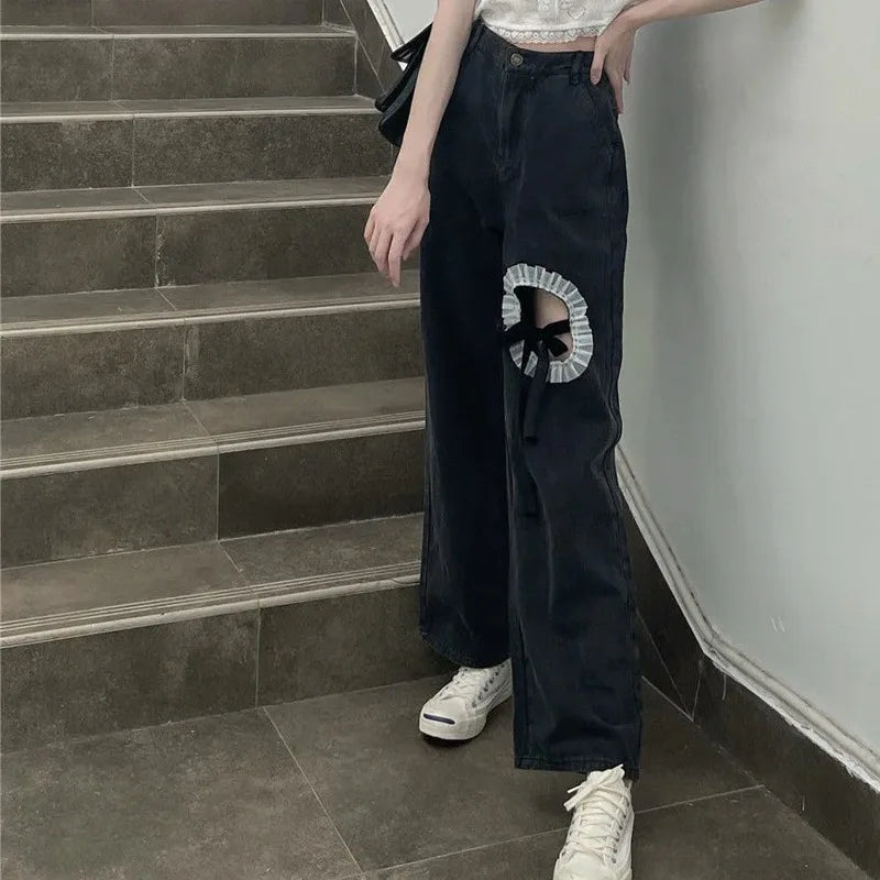nvxiot Ripped jeans women's high waist wide leg pants summer new design sense bow Spice girl straight casual floor moping pants