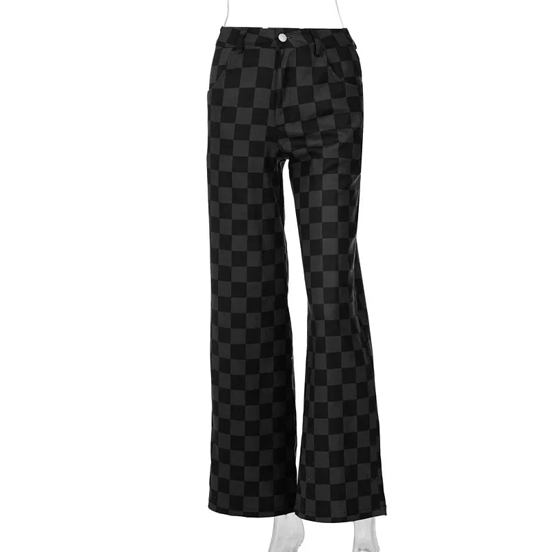 nvxiot - Plaid Punk Gothic Grunge Pants Hip Hop Wide Leg High Waist Women Trouser Black Loose Fashion Streetwear E Girl Pants Autumn