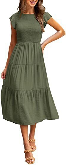 nvxiot New Maxi Dresses for Women Leisure Fashion Summer Elegant Chic Ruffle Sleeve Shirred Party Vacation Prom Dress Female Clothing