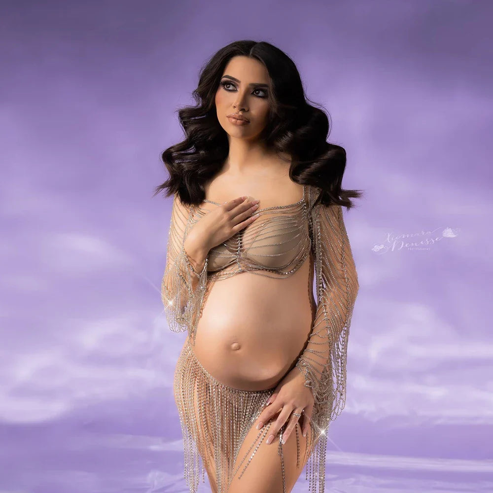 nvxiot - Sexy Luxury Maternity Photography Props Dresses Shiny Body Chain Rhinestone Tassel Skirt Photography Studio Accessories