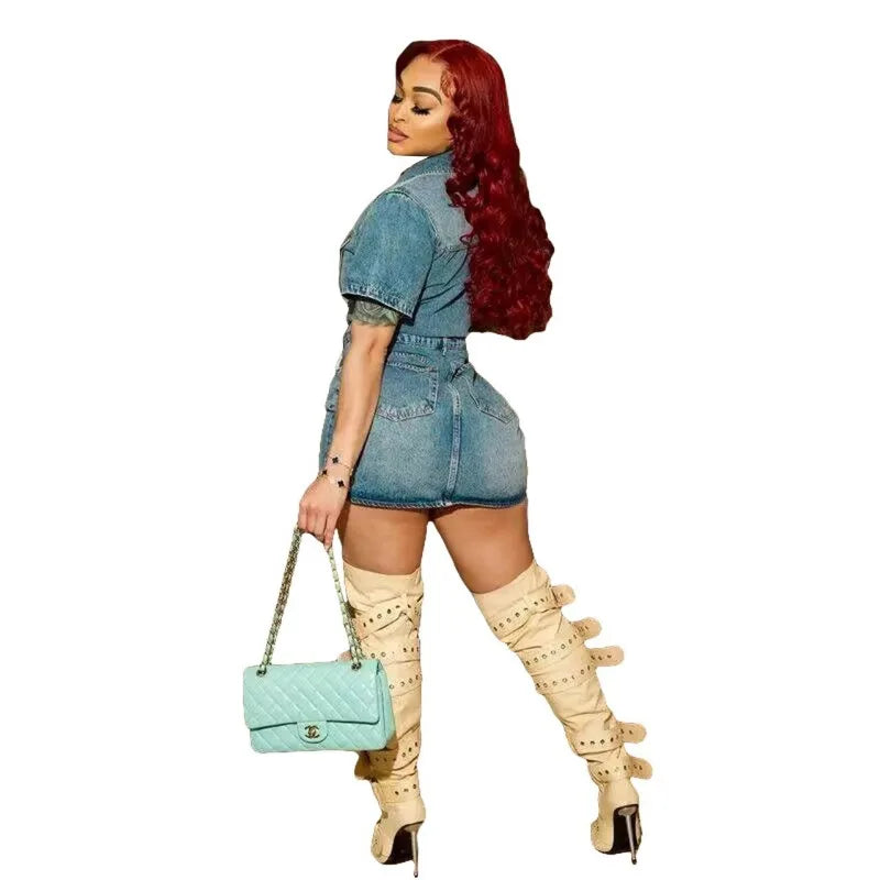 nvxiot - Fashion Slim Stretch Mini Denim Dress Women 2024 Spring Summer Turn Down Collar Short Sleeve Button Bodycon Casual Jeans Dresses