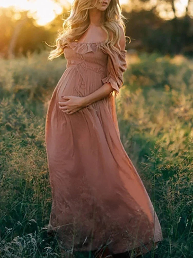 nvxiot - Pink Ruffle Off Shoulder Boho Photoshoot Pregnant Pregnancy Baby Shower Photography Maternity Clothes Maxi Dress For Women