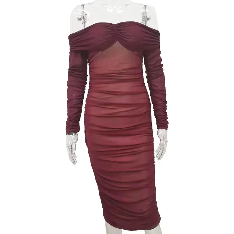 nvxiot - 2024 Spring Lady Elegant Sheer Layer Off Shoulder Chic Ruched Party Evening Sheath Bodycon Dress Maternity Pregnancy Dress