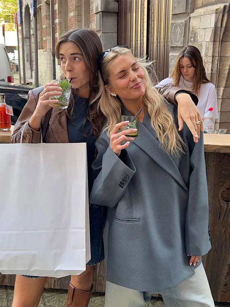 MQTIME - Chic Gray Lapel Button Suit Jacket For Women Elegant Loose Long Sleeves Office Coat 2024 New Female High Streetwear Outercoat