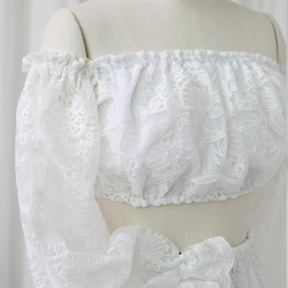 nvxiot - Fall Outfits 2024 Maternity Photography Dresses White Hollow Lace One Shoulder Long Sleeved Two-Piece Dress Bohemian Photography Dress For Women