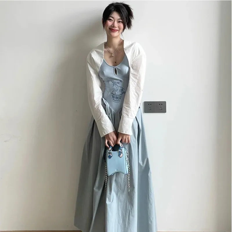 MQMITE - Knitted And Spliced Suspender Dress, Women'S Summer New Chinese Style Hollowed Out Embroidery And Splicing, Waist Closing And Ve