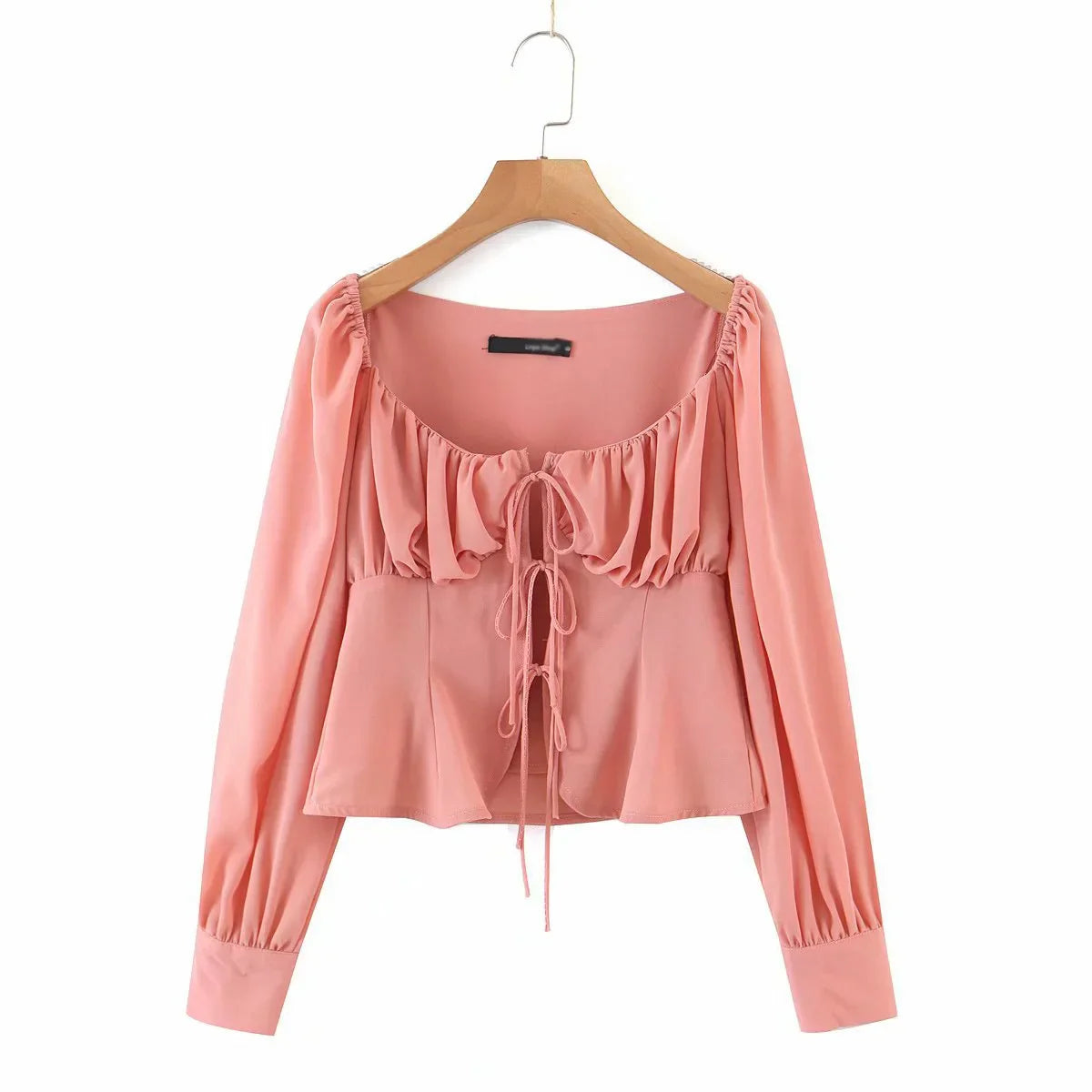 MQTIME - Sweet 2024 Tees Women Sexy Long Sleeve Pullover Korean Lady Solid Elegant Square Collar T-Shirts Pink Lace Up Tops Streetwear