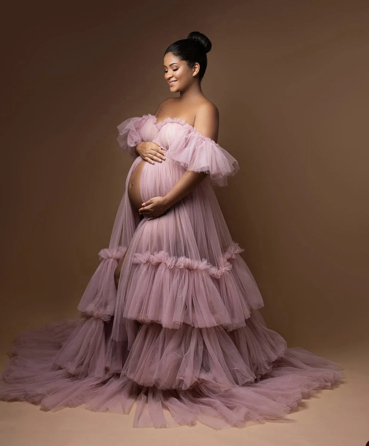 nvxiot - Ruffle Evening Dresses Women's Sweetheart Off Shoulder Pregnancy Bathgown Maternity Custom Made Tulle Robe for Photo Shoot