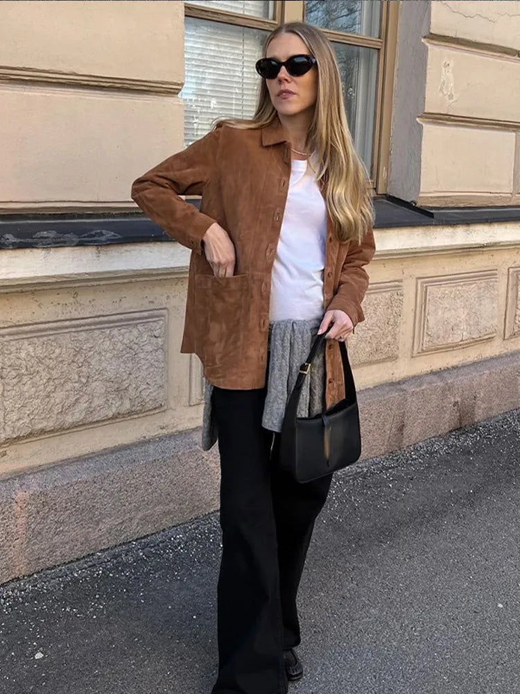 MQTIME - Fashion Suede Turn Down Collar Coat for Women Casual Single Breasted Pocket Loose Female Jackets 2024 Autumn Winter Lady Coats