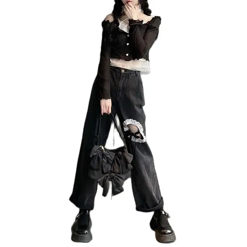 nvxiot Ripped jeans women's high waist wide leg pants summer new design sense bow Spice girl straight casual floor moping pants