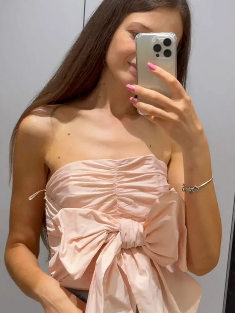 MQTIME - Women's Causal Tube Tops Elegant Solid Color Sleeveless Bow-embellished Taffeta Sleeveless Y2K Pink Tops For 2024 Summer