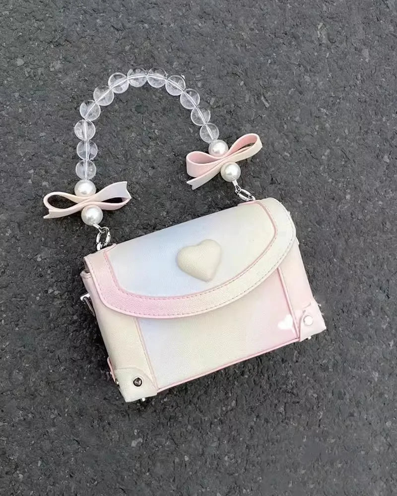 nvxiot - Sweet Pink Messenger Bag Women Fairycore Aesthetic Handle Pearl Chain Crossbody Bags Ladies Harajuku Heart Y2k Hand Bag