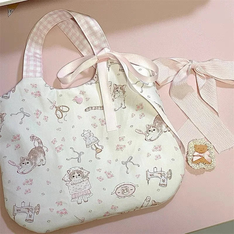 MQTIME - Sweet Cat Floral Print Student Handbag Lovely Girl Tote Bag Large Capacity Big Square Shoulder Bag Handbags