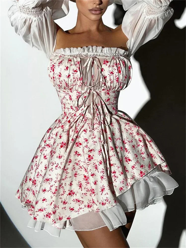 nvxiot - Fashion Printed Off-Shoulder Mini Dress Women's Ruffled See-Through Long Sleeve Bandage Patchwork Dress Female Clothes New