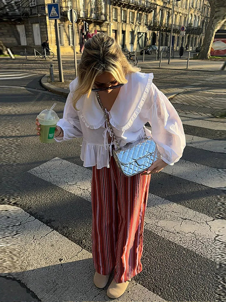 MQTIME - New Chic Lace Up Blouse for Women 2024 Spring Summer Fashion Lantern Long Sleeve O Neck Shirts Female Cropped Tops Streetwear