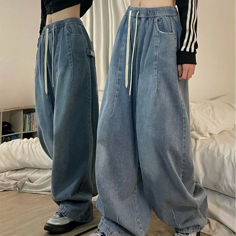 nvxiot - Elastic Waist Oversized American Trouser Denim Wide Leg Streetwear Straight Basic Pants Y2k Spring Women Vintage Baggy Jeans