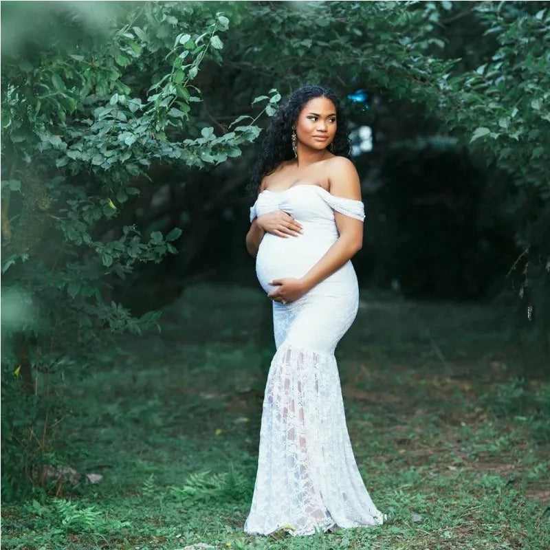 nvxiot - Sexy Lace Mermaid Dress Maternity Photography Props Pregnant Off Shoulders Baby Shower Shoot Clothes Pregnancy Maxi Gown