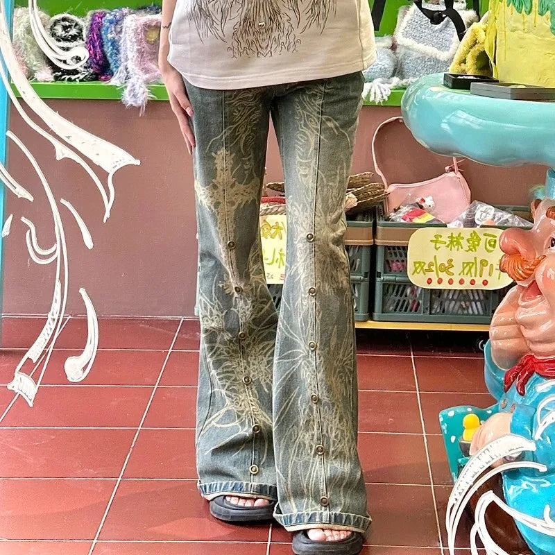 nvxiot - Grunge Tattoo Print Jeans Vintage Distressed Flare Jeans Japanese Y2k Laser Denim Pants Boyfriend Mopping Jeans Harajuku