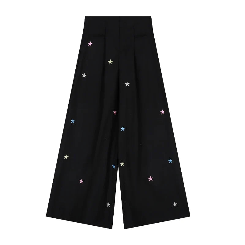 nvxiot Vintage Star Embroidery Casual Y2K Black Cargo Pants Women Autumn New High Waist Drawstring Loose All Match Wide Leg Pants