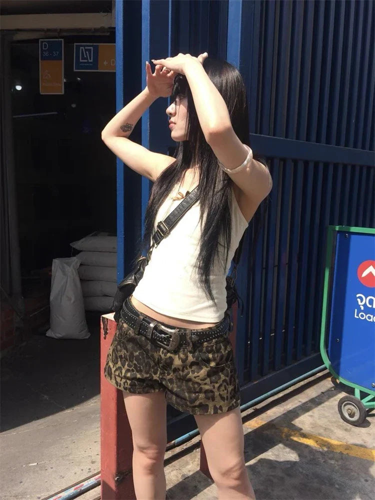 MQTIME - Women's Summer Leopard Print Denim Shorts Street Young Girl High Waisted A-line Sexy Hot Pants Casual Female Mini Trousers