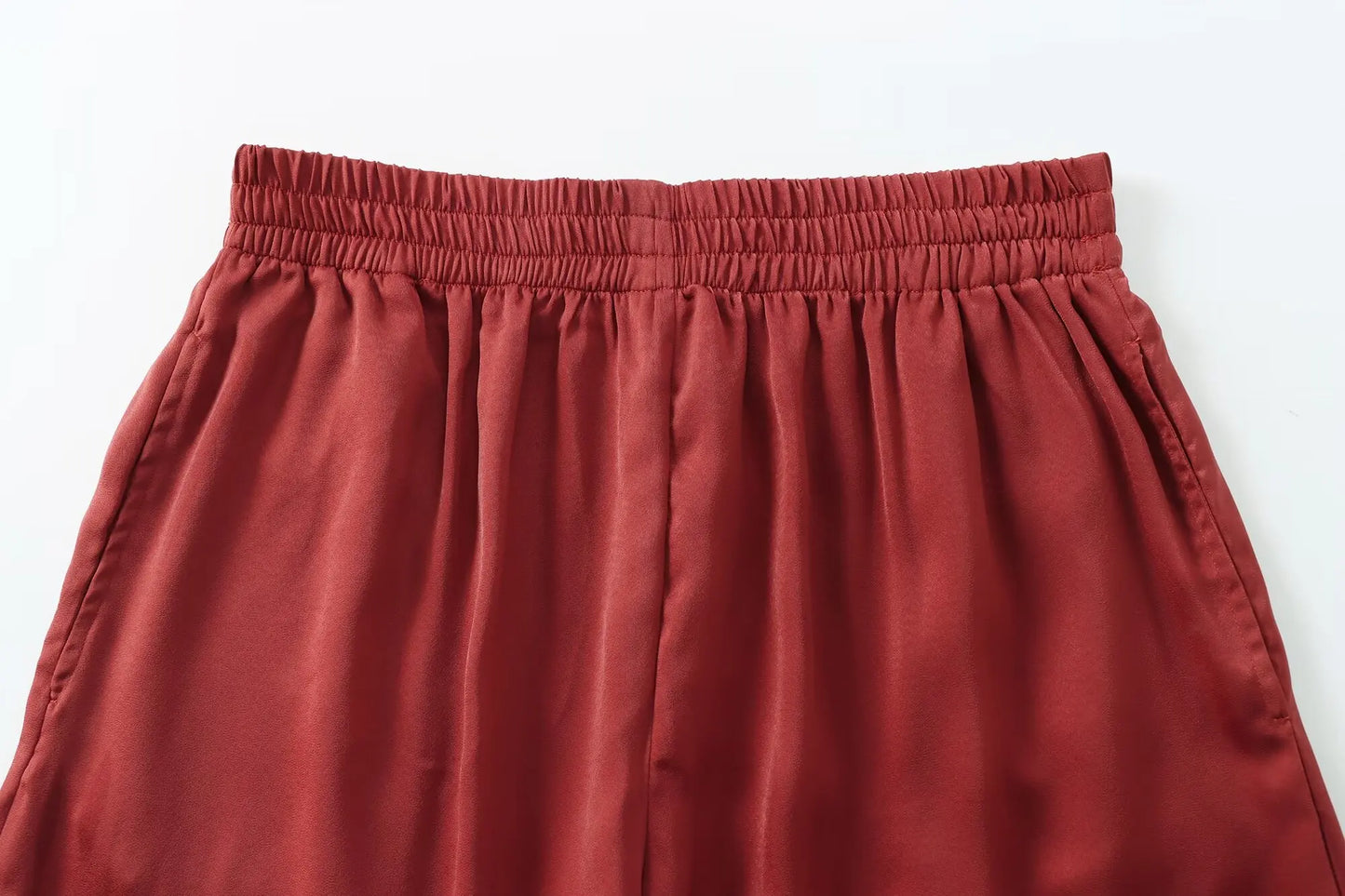 MQTIME - Summer Holiday Women Fashion Solid Elastic Waist Wide Leg Pants Female Casual Slim Side Pockets Folds Decorate Trousers