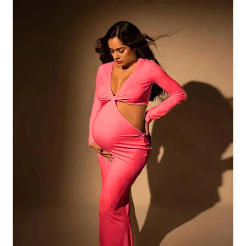 MQTIME - NEW Long Sleeve Bodycon Maternity Maxi Stretchy Dress Perfect For Baby Boy Shower Pregnancy Elastic Gown For Photo Shoots