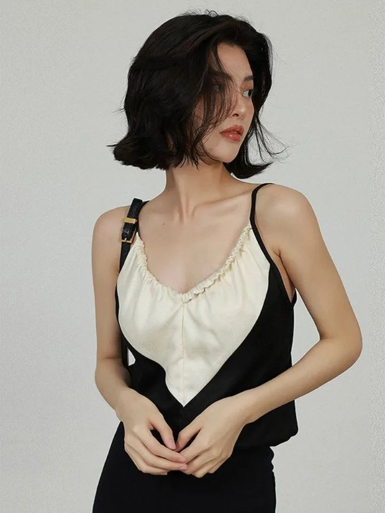 MQTIME - Elegant Satin Crop Top Women Black White Contrast Patchwork Backless Camis Office Lady V-neck Casual Halter Tops Summer