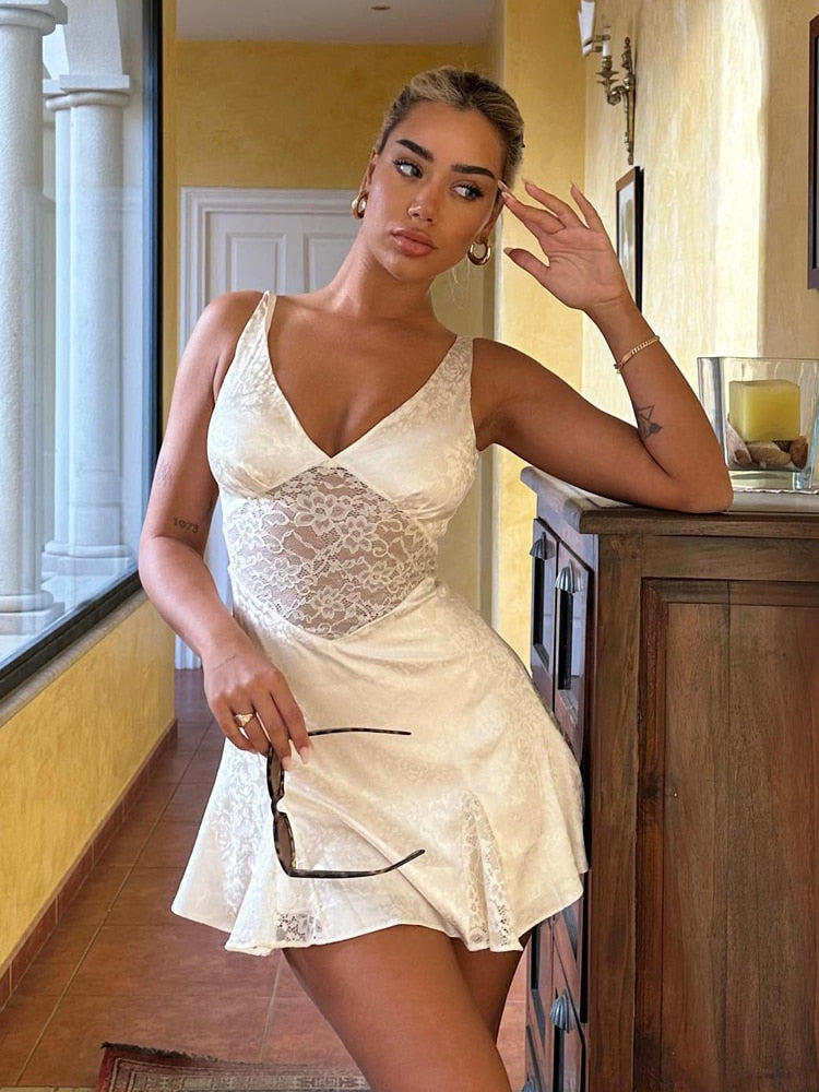 nvxiot Suninheart Elegant Summer A Line Jacquard Dress Lovely White Casual V Neck Birthday Party Dresses White Lace Women Dresses 2023