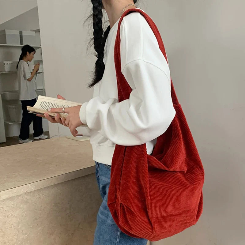 nvxiot Large Capacity Shoulder Bag Women Tote Corduroy Handbags for Female INS Fashion Big Bags Black/Beige/Red/Green/Khaki Solid Color