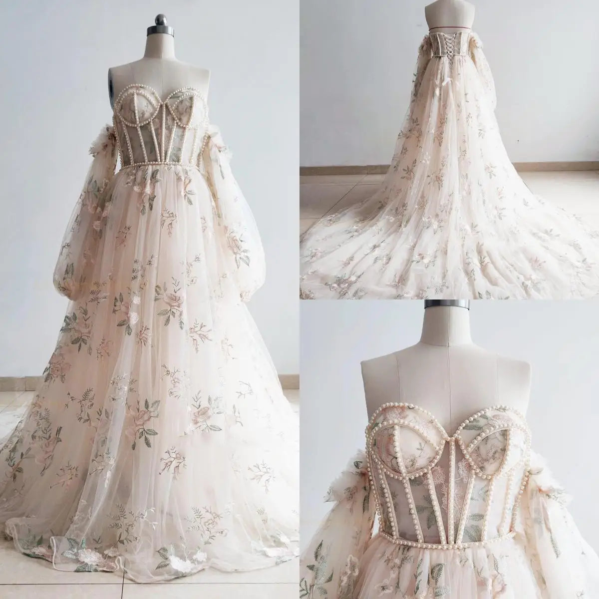 nvxiot - Elegant Champagne Embroidered Flower Pearl Pregnany Photography Dress Open Front Removable Sleeves Maternity Gown for Photoshoot